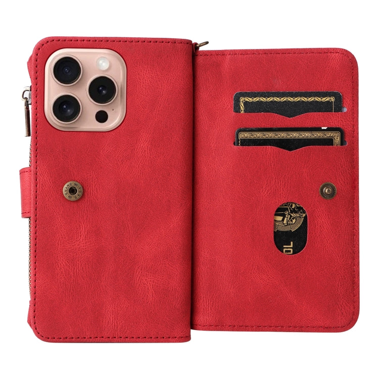 For iPhone 16 Pro Skin Feel Multi Card Slots Zipper Wallet Leather Phone Case(Red) - iPhone 16 Pro Cases by PMC Jewellery | Online Shopping South Africa | PMC Jewellery | Buy Now Pay Later Mobicred