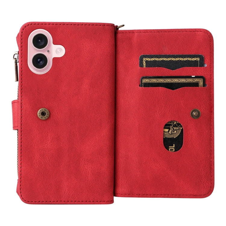 For iPhone 16 Skin Feel Multi Card Slots Zipper Wallet Leather Phone Case(Red) - iPhone 16 Cases by PMC TechLife | Online Shopping South Africa | PMC TechLife | Buy Now Pay Later Mobicred
