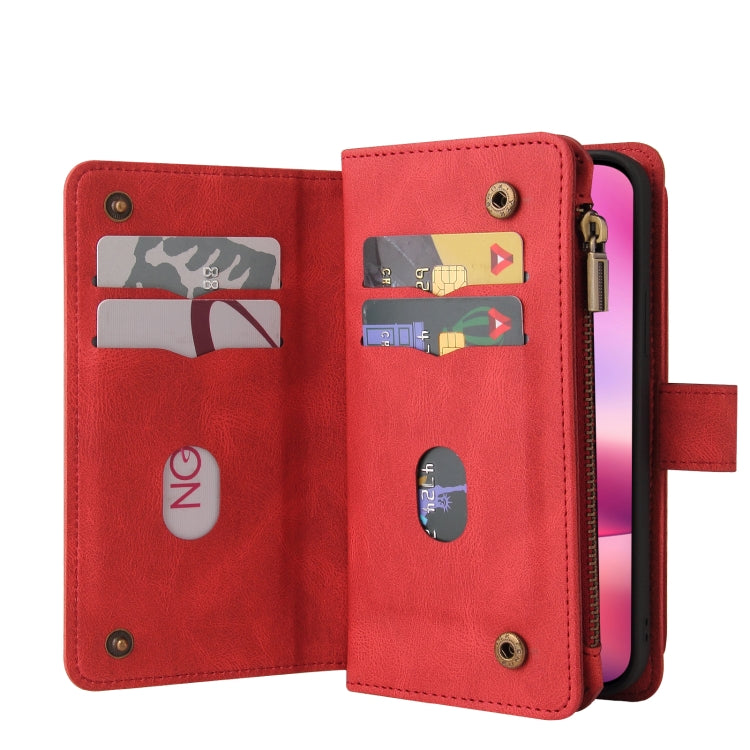 For iPhone 16 Skin Feel Multi Card Slots Zipper Wallet Leather Phone Case(Red) - iPhone 16 Cases by PMC TechLife | Online Shopping South Africa | PMC TechLife | Buy Now Pay Later Mobicred