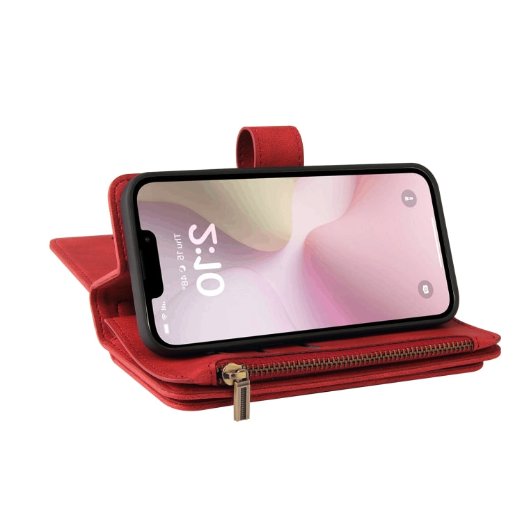 For iPhone 16e Skin Feel Multi Card Slots Zipper Wallet Leather Phone Case(Red) - iPhone 16e Cases by PMC TechLife | Online Shopping South Africa | PMC TechLife | Buy Now Pay Later Mobicred