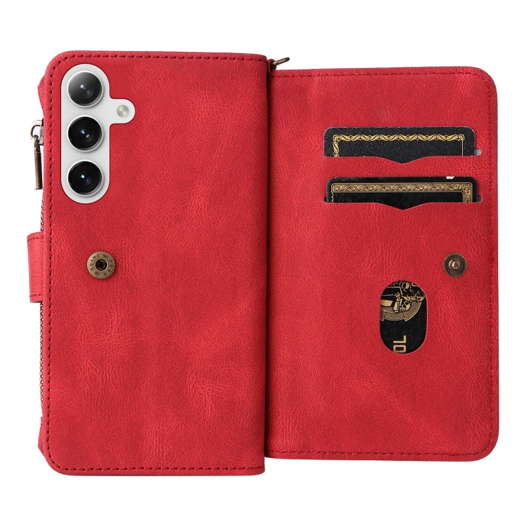 For Samsung Galaxy S25 / S24 5G Skin Feel Multi Card Slots Zipper Wallet Leather Phone Case(Red) - Galaxy S25 5G Cases by PMC Jewellery | Online Shopping South Africa | PMC Jewellery | Buy Now Pay Later Mobicred