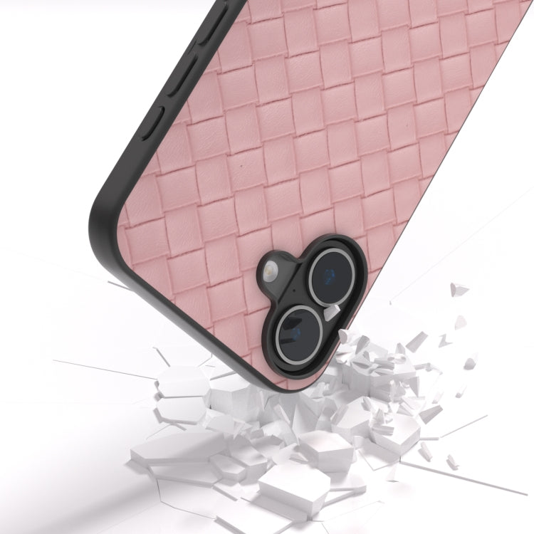 For iPhone 16 Black Frame Woven Texture PU Phone Case(Pink) - iPhone 16 Cases by PMC Jewellery | Online Shopping South Africa | PMC Jewellery | Buy Now Pay Later Mobicred