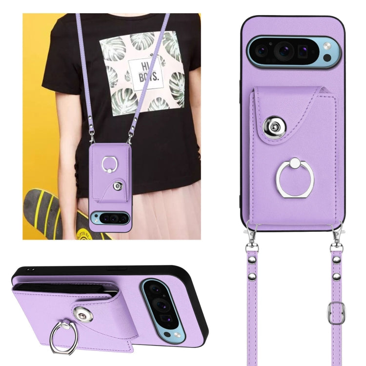 For Google Pixel 9 / 9 Pro Organ Card Bag Ring Holder Phone Case with Long Lanyard(Purple) - Google Cases by PMC Jewellery | Online Shopping South Africa | PMC Jewellery | Buy Now Pay Later Mobicred