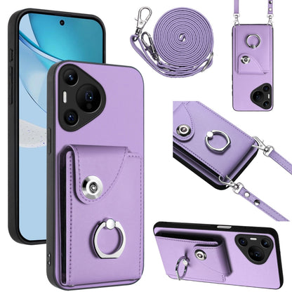 For Huawei Pura 70 Pro / 70 Pro+ Organ Card Bag Ring Holder Phone Case with Long Lanyard(Purple) - Huawei Cases by PMC Jewellery | Online Shopping South Africa | PMC Jewellery | Buy Now Pay Later Mobicred