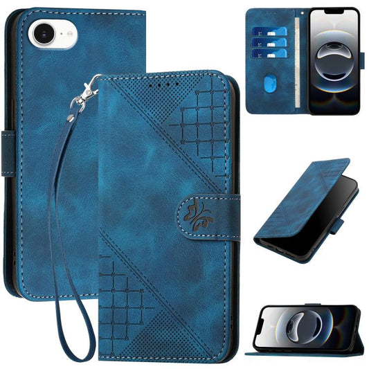 For iPhone 16e YX0080 Grid Butterfly Embossed Pattern Flip Leather Phone Case with Lanyard(Dark Blue) - iPhone 16e Cases by PMC Jewellery | Online Shopping South Africa | PMC Jewellery | Buy Now Pay Later Mobicred