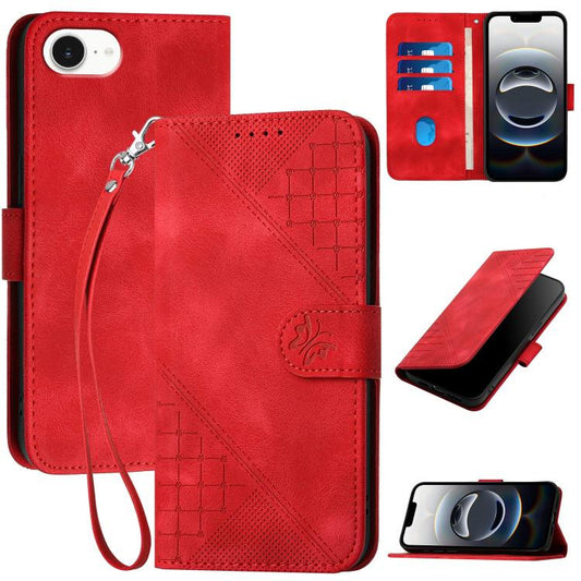 For iPhone 16e YX0080 Grid Butterfly Embossed Pattern Flip Leather Phone Case with Lanyard(Red) - iPhone 16e Cases by PMC Jewellery | Online Shopping South Africa | PMC Jewellery | Buy Now Pay Later Mobicred