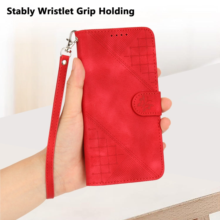 For iPhone 16e YX0080 Grid Butterfly Embossed Pattern Flip Leather Phone Case with Lanyard(Red) - iPhone 16e Cases by PMC TechLife | Online Shopping South Africa | PMC TechLife | Buy Now Pay Later Mobicred
