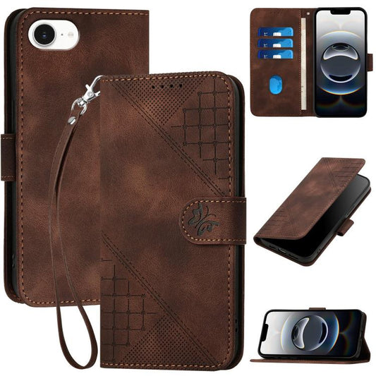 For iPhone 16e YX0080 Grid Butterfly Embossed Pattern Flip Leather Phone Case with Lanyard(Coffee) - iPhone 16e Cases by PMC Jewellery | Online Shopping South Africa | PMC Jewellery | Buy Now Pay Later Mobicred