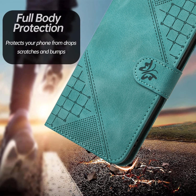 For iPhone 16e YX0080 Grid Butterfly Embossed Pattern Flip Leather Phone Case with Lanyard(Light Blue) - iPhone 16e Cases by PMC TechLife | Online Shopping South Africa | PMC TechLife | Buy Now Pay Later Mobicred