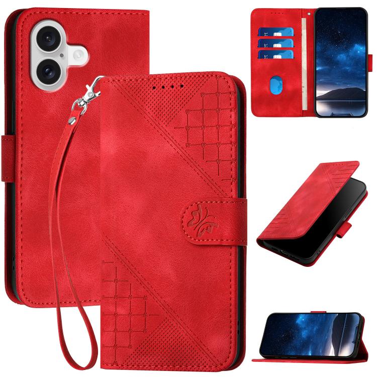 For iPhone 17 YX0080 Grid Butterfly Embossed Pattern Flip Leather Phone Case with Lanyard(Red) - free shipping - PMc TechLife - Order now!