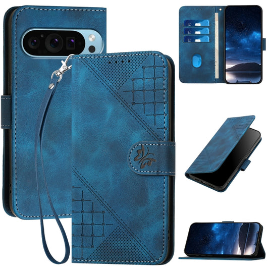 For Google Pixel 9 Pro XL YX0080 Grid Butterfly Embossed Pattern Flip Leather Phone Case with Lanyard(Dark Blue) - Google Cases by PMC Jewellery | Online Shopping South Africa | PMC Jewellery | Buy Now Pay Later Mobicred