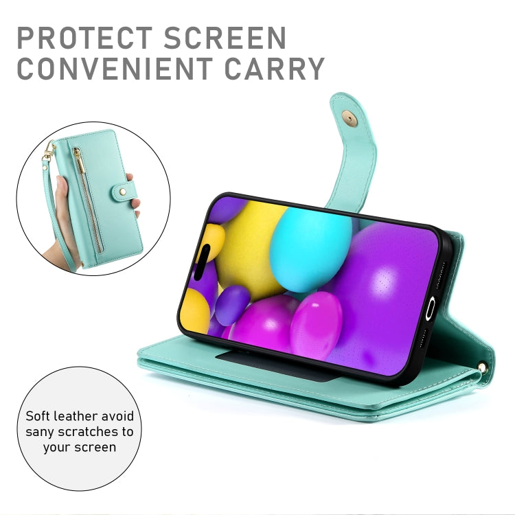 For iPhone 16 Nine Card-slot Zipper Wallet Bag Leather Phone Case(Mint Green) - iPhone 16 Cases by PMC Jewellery | Online Shopping South Africa | PMC Jewellery | Buy Now Pay Later Mobicred