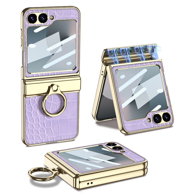 For Samsung Galaxy Z Flip6 GKK Integrated Electroplated Crocodile Texture Leather Phone Case with Ring(Purple) - Galaxy Z Flip6 5G Cases by GKK | Online Shopping South Africa | PMC Jewellery | Buy Now Pay Later Mobicred