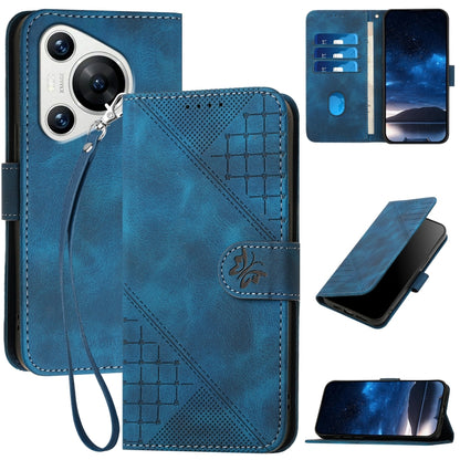 For Huawei Pura 70 YX0080 Grid Butterfly Embossed Pattern Flip Leather Phone Case with Lanyard(Dark Blue) - Huawei Cases by PMC Jewellery | Online Shopping South Africa | PMC Jewellery | Buy Now Pay Later Mobicred