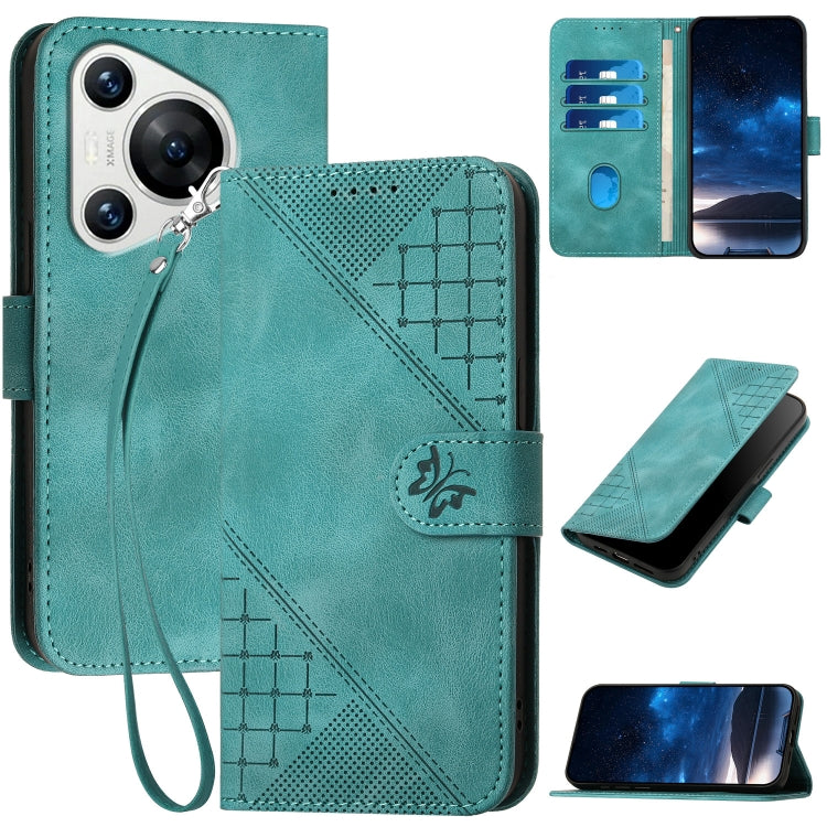 For Huawei Pura 70 YX0080 Grid Butterfly Embossed Pattern Flip Leather Phone Case with Lanyard(Light Blue) - Huawei Cases by PMC Jewellery | Online Shopping South Africa | PMC Jewellery | Buy Now Pay Later Mobicred