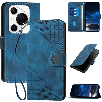 For Huawei Pura 70 Pro / 70 Pro+ YX0080 Grid Butterfly Embossed Pattern Flip Leather Phone Case with Lanyard(Dark Blue) - Huawei Cases by PMC Jewellery | Online Shopping South Africa | PMC Jewellery | Buy Now Pay Later Mobicred