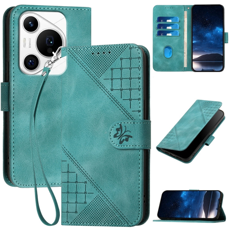 For Huawei Pura 70 Pro / 70 Pro+ YX0080 Grid Butterfly Embossed Pattern Flip Leather Phone Case with Lanyard(Light Blue) - Huawei Cases by PMC Jewellery | Online Shopping South Africa | PMC Jewellery | Buy Now Pay Later Mobicred