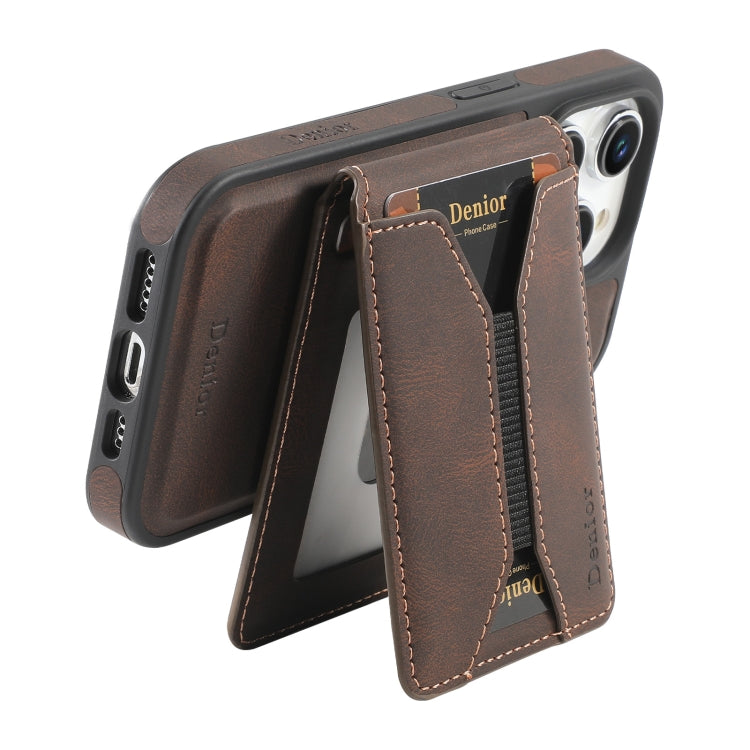 For iPhone 16 Denior D18 Skin Feel Rotating Holder MagSafe Detachable Card Slot Phone Case(Brown) - iPhone 16 Cases by Denior | Online Shopping South Africa | PMC Jewellery | Buy Now Pay Later Mobicred