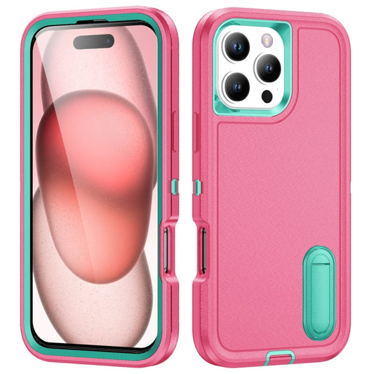 For iPhone 16 Pro Max Rugged PC + Silicone Phone Case with Holder(Rose Red+Light Green) - iPhone 16 Pro Max Cases by PMC Jewellery | Online Shopping South Africa | PMC Jewellery | Buy Now Pay Later Mobicred