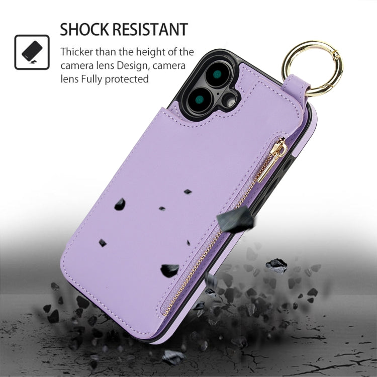 For iPhone 16 RFlD Anti-theft Double Buckle Ring Zipper Card Phone Case(Purple) - iPhone 16 Cases by PMC Jewellery | Online Shopping South Africa | PMC Jewellery | Buy Now Pay Later Mobicred