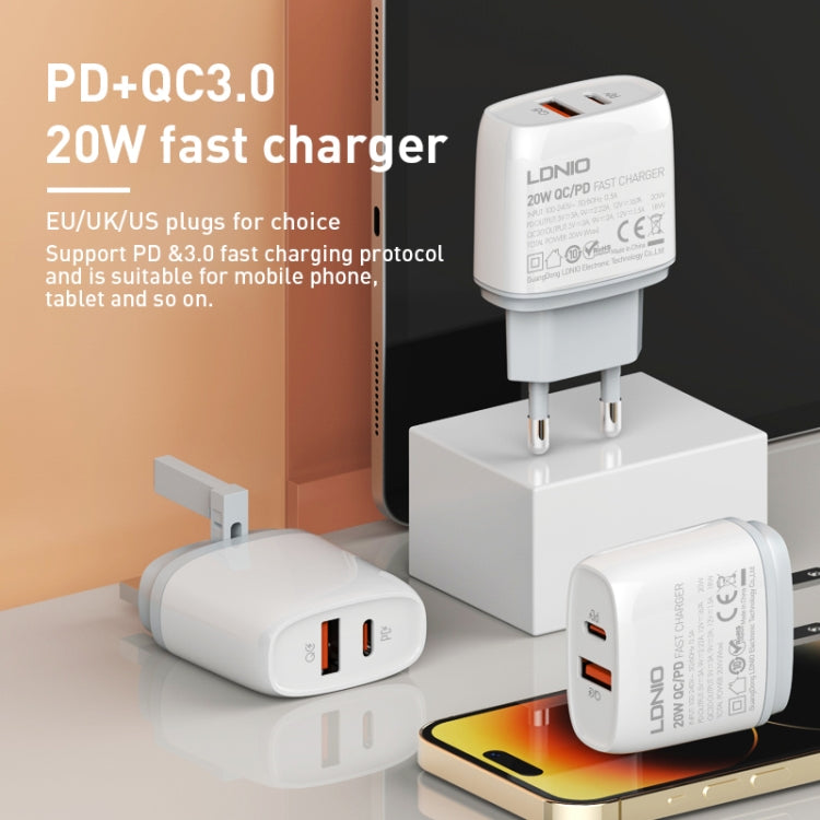 LDNIO Q229 QC3.0 / PD20W USB + Type-C Fast Charger with 1m USB to 8 Pin Cable, Plug Type:EU Plug(White) - USB Charger by LDNIO | Online Shopping South Africa | PMC Jewellery | Buy Now Pay Later Mobicred