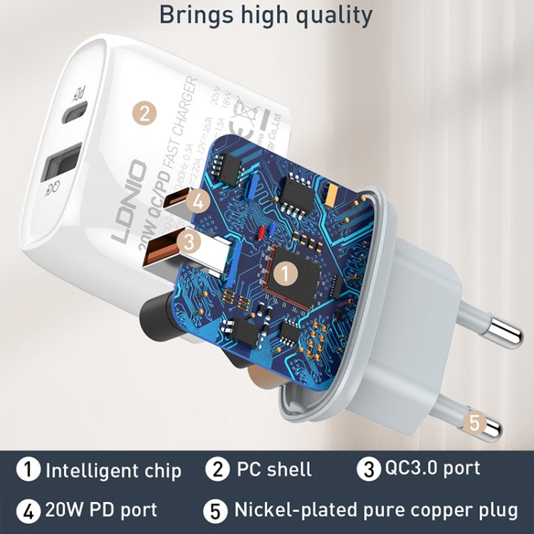 LDNIO Q229 QC3.0 / PD20W USB + Type-C Fast Charger with 1m USB to 8 Pin Cable, Plug Type:EU Plug(White) - USB Charger by LDNIO | Online Shopping South Africa | PMC Jewellery | Buy Now Pay Later Mobicred