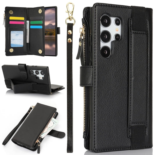 For Samsung Galaxy S24 Ultra 5G Wristband Holder Zipper Purse RFID Leather Phone Case(Black) - Galaxy S24 Ultra 5G Cases by PMC Jewellery | Online Shopping South Africa | PMC Jewellery | Buy Now Pay Later Mobicred