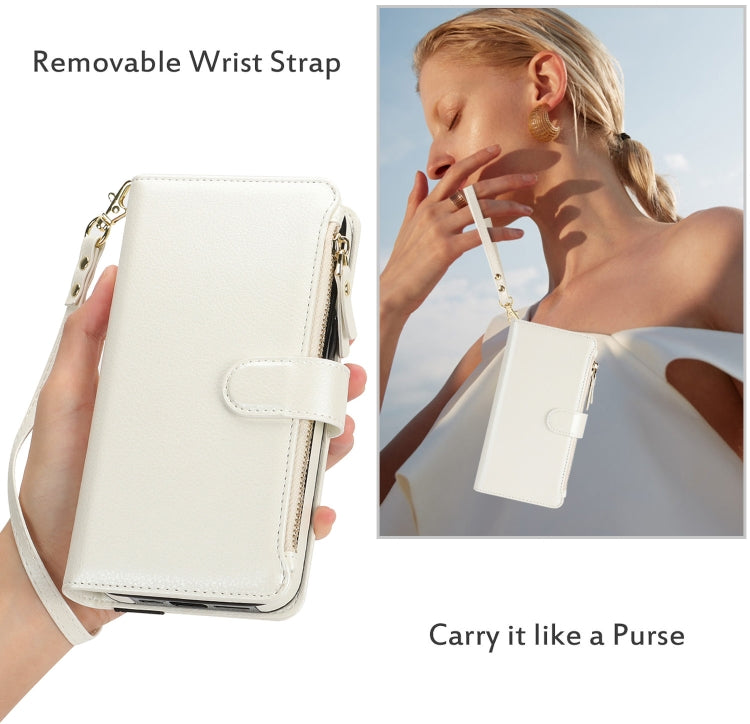 For iPhone 16 Plus Wristband Holder Zipper Purse RFID Leather Phone Case(White) - iPhone 16 Plus Cases by PMC Jewellery | Online Shopping South Africa | PMC Jewellery | Buy Now Pay Later Mobicred