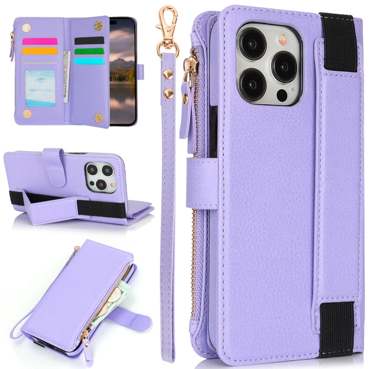 For iPhone 16 Pro Wristband Holder Zipper Purse RFID Leather Phone Case(Purple) - iPhone 16 Pro Cases by PMC Jewellery | Online Shopping South Africa | PMC Jewellery | Buy Now Pay Later Mobicred