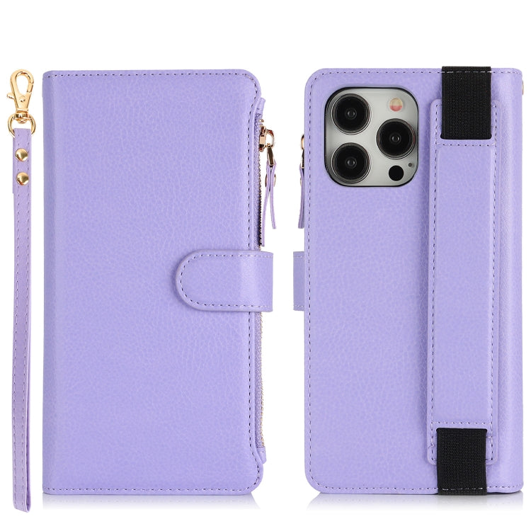 For iPhone 16 Pro Wristband Holder Zipper Purse RFID Leather Phone Case(Purple) - iPhone 16 Pro Cases by PMC Jewellery | Online Shopping South Africa | PMC Jewellery | Buy Now Pay Later Mobicred