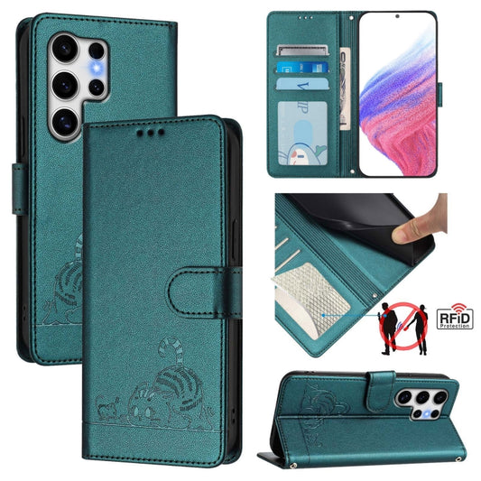 For Samsung Galaxy S25 Ultra 5G Cat Rat Embossed RFID Leather Phone Case with Lanyard(Peacock Green) - Galaxy S25 Ultra 5G Cases by PMC Jewellery | Online Shopping South Africa | PMC Jewellery | Buy Now Pay Later Mobicred