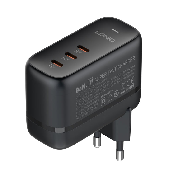 LDNIO Q367 65W GaN 3 x USB-C / Type-C Interface Charger with 1m USB-C / Type-C to USB-C / Type-C Data Cable, Plug Type:EU Plug(Black) - free shipping - PMC Jewellery - Order now!