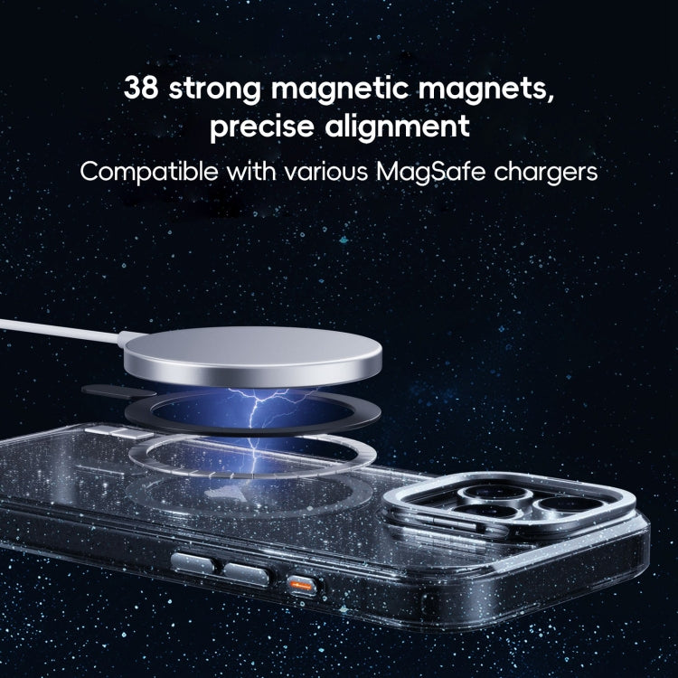 For iPhone 16 Plus Glitter Powder Lens Holder MagSafe Magnetic Phone Case(Transparent Titanium Blue) - iPhone 16 Plus Cases by PMC Jewellery | Online Shopping South Africa | PMC Jewellery | Buy Now Pay Later Mobicred