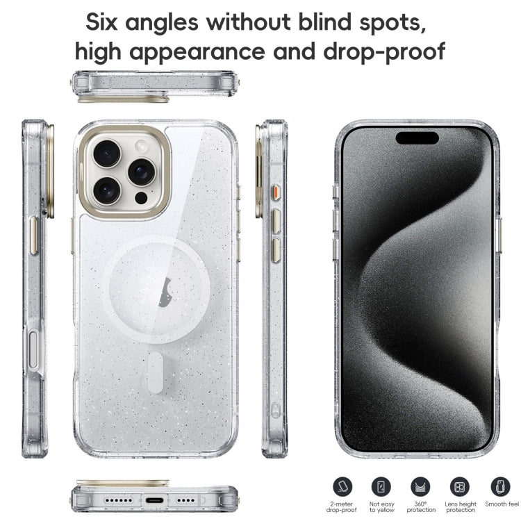 For iPhone 16 Glitter Powder Lens Holder MagSafe Magnetic Phone Case(Transparent Black) - iPhone 16 Cases by PMC Jewellery | Online Shopping South Africa | PMC Jewellery | Buy Now Pay Later Mobicred