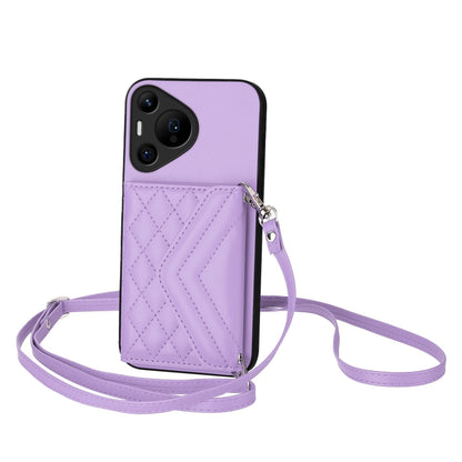 For Huawei Pura 70 Pro / 70 Pro+ Rhombic Texture Card Bag RFID Phone Case with Long Lanyard(Light Purple) - Huawei Cases by PMC Jewellery | Online Shopping South Africa | PMC Jewellery | Buy Now Pay Later Mobicred