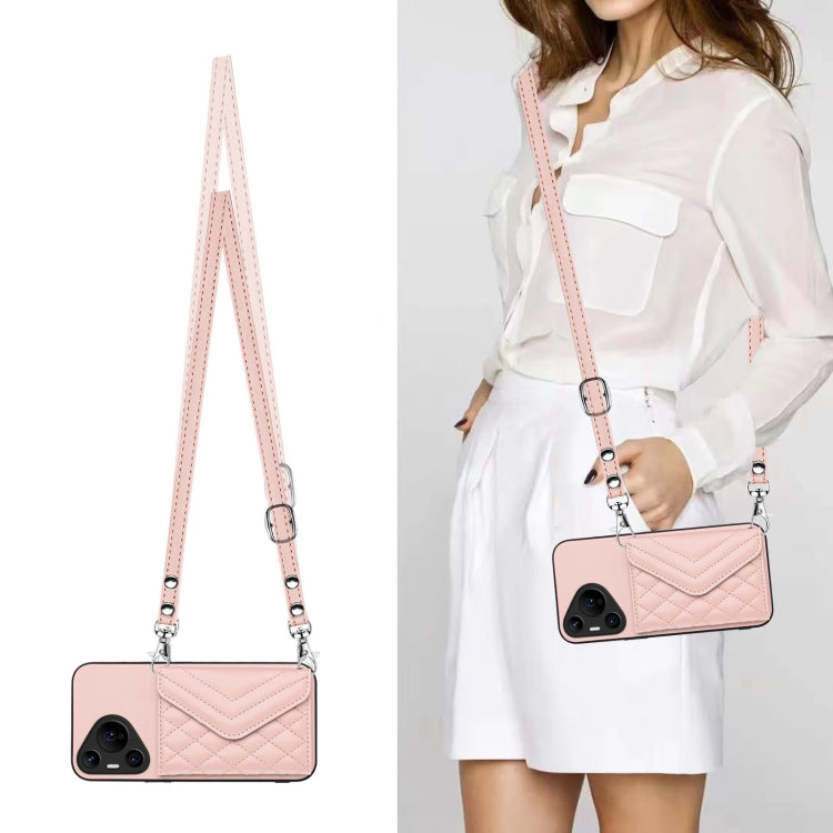 For Huawei Pura 70 Pro / 70 Pro+ Rhombic Texture Card Bag RFID Phone Case with Long Lanyard(Rose Gold) - Huawei Cases by PMC Jewellery | Online Shopping South Africa | PMC Jewellery | Buy Now Pay Later Mobicred