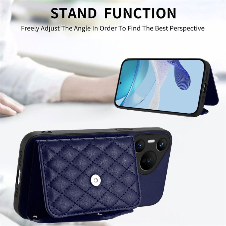 For Huawei Pura 70 Rhombic Texture Card Bag RFID Phone Case with Long Lanyard(Blue) - Huawei Cases by PMC Jewellery | Online Shopping South Africa | PMC Jewellery | Buy Now Pay Later Mobicred