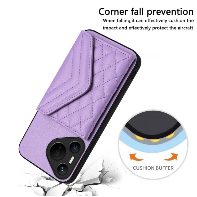 For Huawei Pura 70 Rhombic Texture Card Bag RFID Phone Case with Long Lanyard(Light Purple) - Huawei Cases by PMC Jewellery | Online Shopping South Africa | PMC Jewellery | Buy Now Pay Later Mobicred