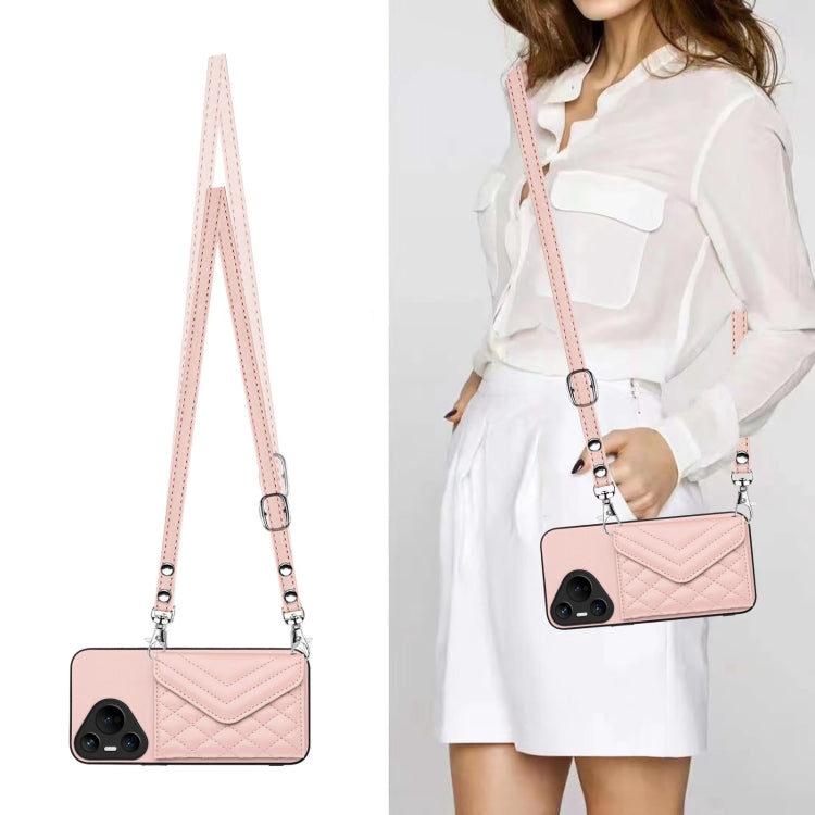 For Huawei Pura 70 Rhombic Texture Card Bag RFID Phone Case with Long Lanyard(Rose Gold) - Huawei Cases by PMC Jewellery | Online Shopping South Africa | PMC Jewellery | Buy Now Pay Later Mobicred