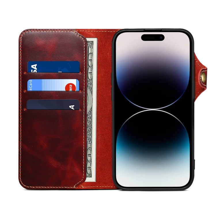 For iPhone 16 Denior B01 Oil Wax Cowhide Magnetic Button Genuine Leather Case(Red) - iPhone 16 Cases by Denior | Online Shopping South Africa | PMC Jewellery | Buy Now Pay Later Mobicred