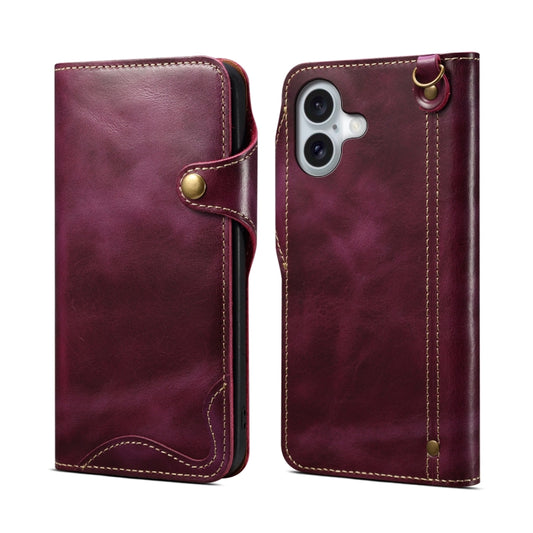 For iPhone 16 Denior B01 Oil Wax Cowhide Magnetic Button Genuine Leather Case(Purple) - iPhone 16 Cases by Denior | Online Shopping South Africa | PMC Jewellery | Buy Now Pay Later Mobicred