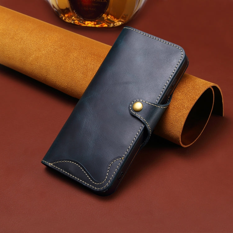 For iPhone 16 Denior B01 Oil Wax Cowhide Magnetic Button Genuine Leather Case(Blue) - iPhone 16 Cases by Denior | Online Shopping South Africa | PMC Jewellery | Buy Now Pay Later Mobicred