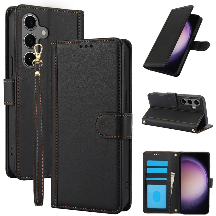 For Samsung Galaxy S25+ 5G Skin Feel Pure Color Card Slots Leather Phone Case with Dual Lanyard(Black) - Galaxy S25+ 5G Cases by PMC Jewellery | Online Shopping South Africa | PMC Jewellery | Buy Now Pay Later Mobicred