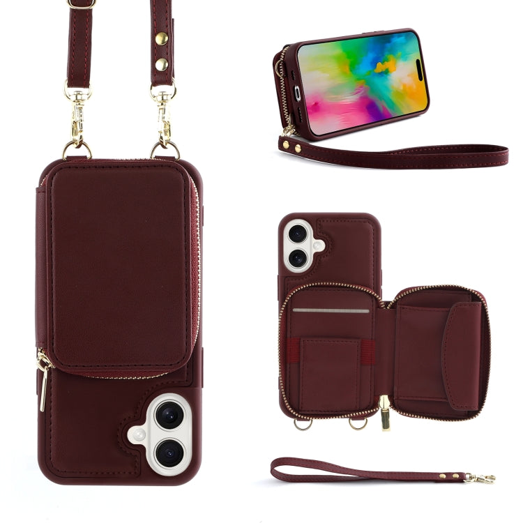 For iPhone 16 Crossbody Zipper Wallet Bag Leather Phone Case with Lanyard(Wine Red) - iPhone 16 Cases by PMC Jewellery | Online Shopping South Africa | PMC Jewellery | Buy Now Pay Later Mobicred