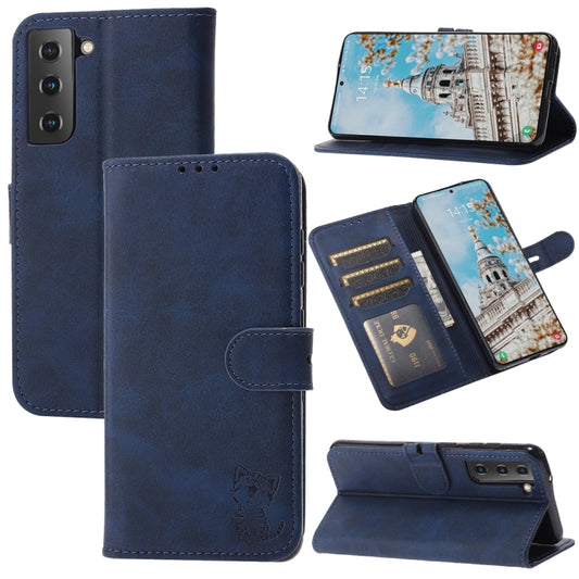 For Samsung Galaxy S25 5G Embossed Happy Cat Pattern Flip Leather Phone Case(Blue) - Galaxy S25 5G Cases by PMC Jewellery | Online Shopping South Africa | PMC Jewellery | Buy Now Pay Later Mobicred