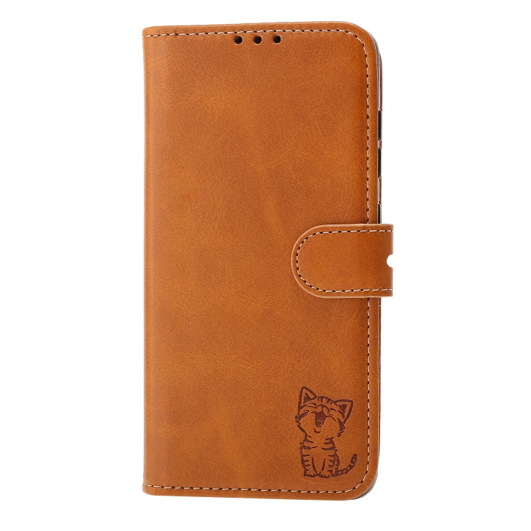 For Samsung Galaxy S25 5G Embossed Happy Cat Pattern Flip Leather Phone Case(Yellow) - Galaxy S25 5G Cases by PMC Jewellery | Online Shopping South Africa | PMC Jewellery | Buy Now Pay Later Mobicred
