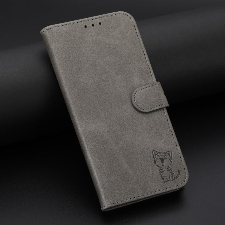 For Samsung Galaxy S25 5G Embossed Happy Cat Pattern Flip Leather Phone Case(Grey) - Galaxy S25 5G Cases by PMC Jewellery | Online Shopping South Africa | PMC Jewellery | Buy Now Pay Later Mobicred