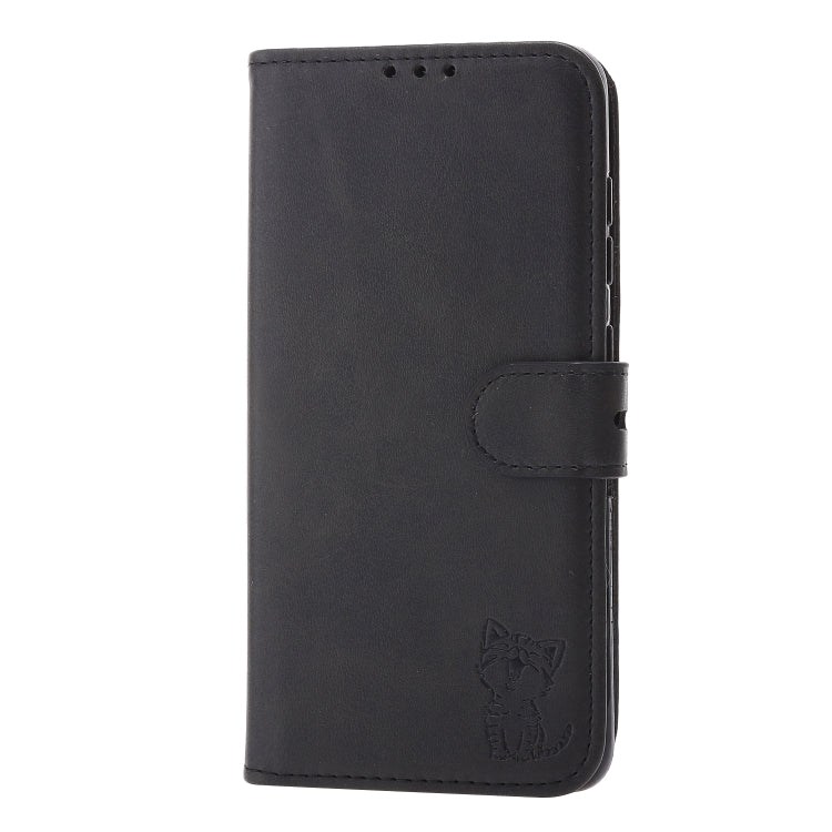 For Samsung Galaxy S25 5G Embossed Happy Cat Pattern Flip Leather Phone Case(Black) - Galaxy S25 5G Cases by PMC Jewellery | Online Shopping South Africa | PMC Jewellery | Buy Now Pay Later Mobicred