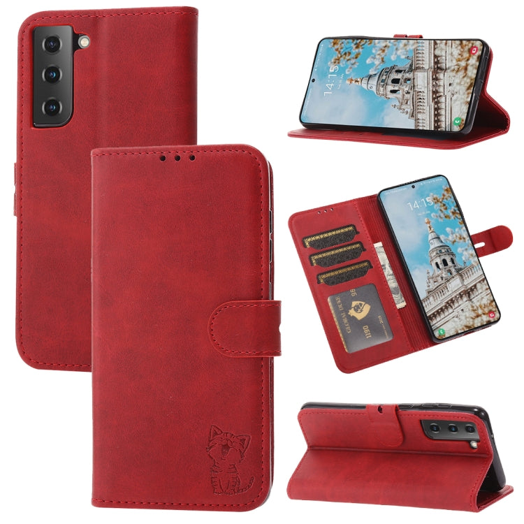 For Samsung Galaxy S25+ 5G Embossed Happy Cat Pattern Flip Leather Phone Case(Red) - Galaxy S25+ 5G Cases by PMC Jewellery | Online Shopping South Africa | PMC Jewellery | Buy Now Pay Later Mobicred