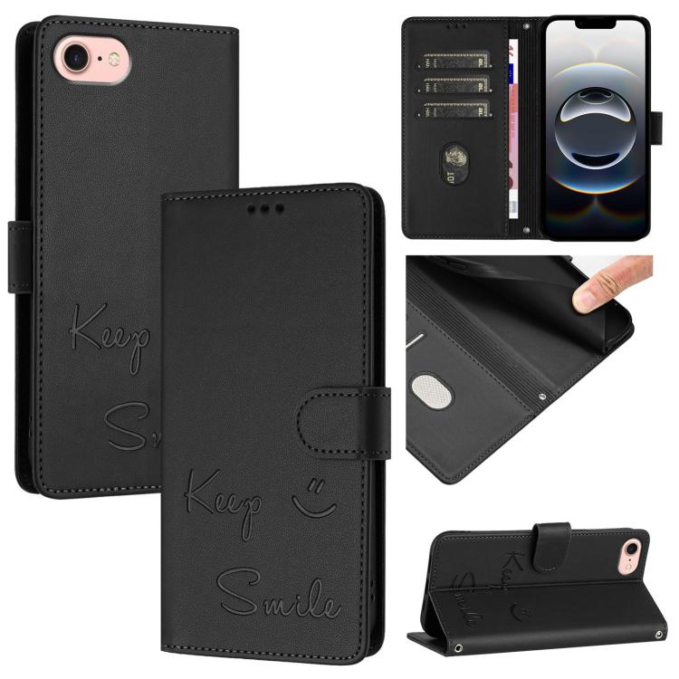For iPhone 16e Smile Embossing RFID Leather Phone Case(Black) - iPhone 16e Cases by PMC TechLife | Online Shopping South Africa | PMC TechLife | Buy Now Pay Later Mobicred